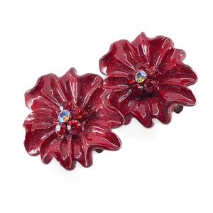 Red Enamel Flower Clip Earrings with Rhinestones - Costume Jewelry